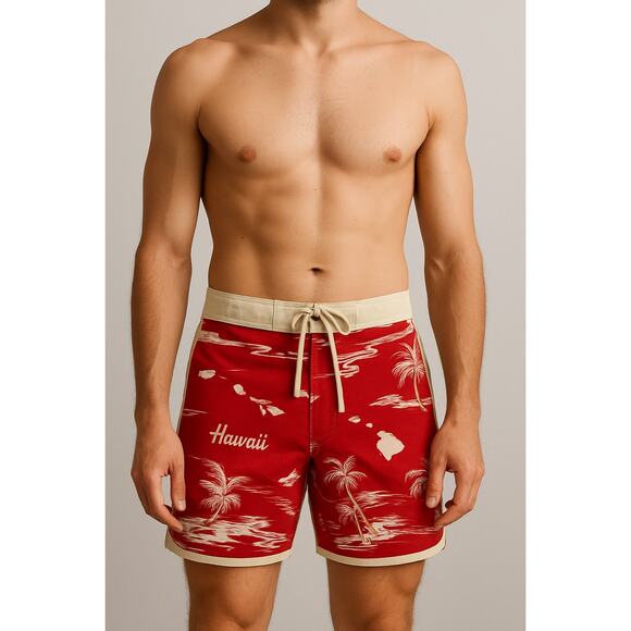 Favant Hawaii Red Board Shorts Sz 32 Tropical Island Print Swim Trunks - Picture 1 of 6